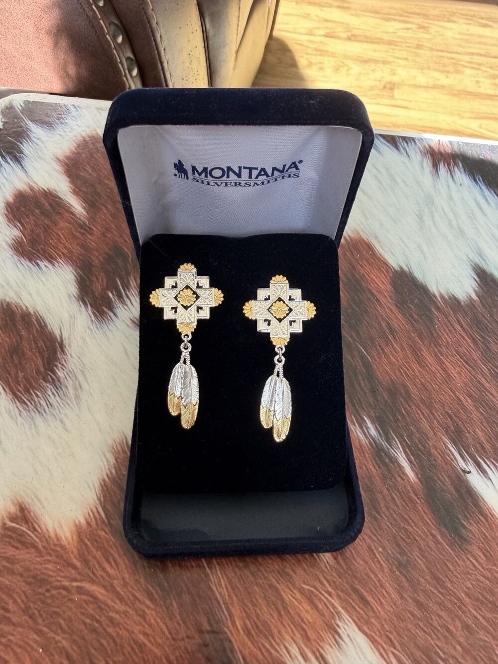 Montana Silversmiths Cross Feather Dangle Stud Earrings In Box Western Boho
